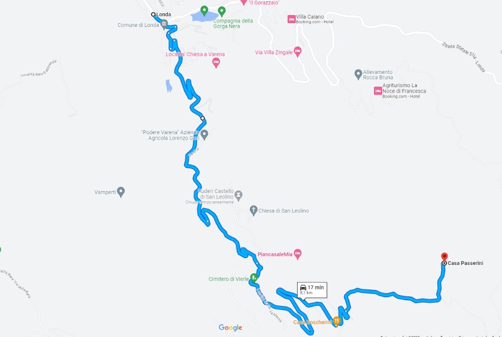 Mappa del percorso da Londa a Casa Passerini: Vierle, Sambucheta, Casa Boscherini, circa 8 km e 17 minuti.